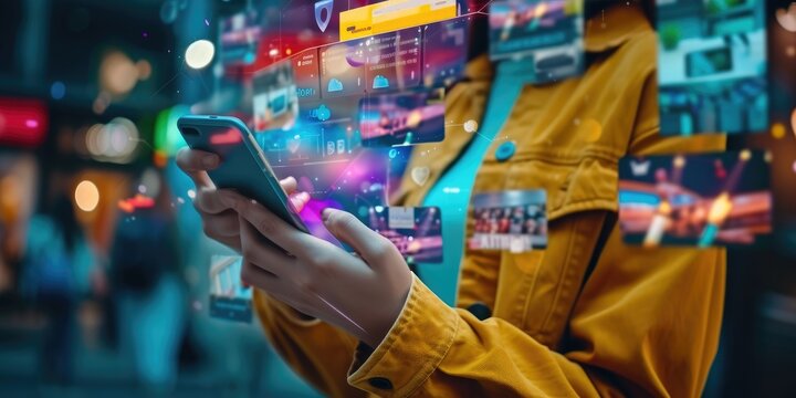 A customer shopping on social media platforms using a mobile phone concept