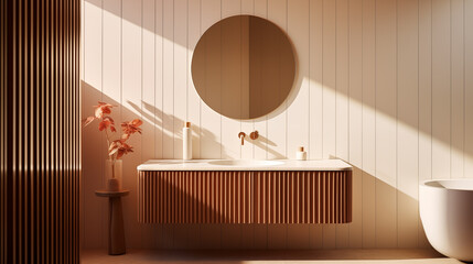 Warm Toned Modern Bathroom with Wooden Details and Elegant Fixtures: Ideal for Interior Design Publications