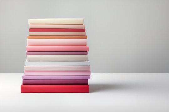 A stack of colorful books mockup sitting on top of white table on blue background.