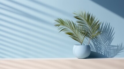3D render of a blue vase with a palm tree on the floor Generative AI