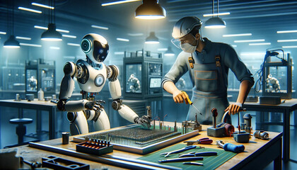 Collaborative Robotics. A human engineer and a robot working together on a high-tech project in a lab. Concept of harmonious coexistence of humans and AI technology.