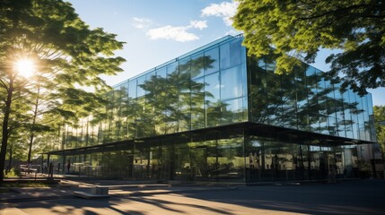 Fototapeta na wymiar Modern Glass Building Reflecting Trees: Architecture Harmony with Nature