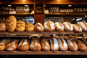 Delicious loaves of bread in a german baker shop. Different types of bread loaves on bakery shelves.