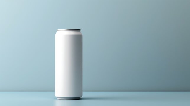 White blank soda can mockup on blue background. 3d rendering Generative AI