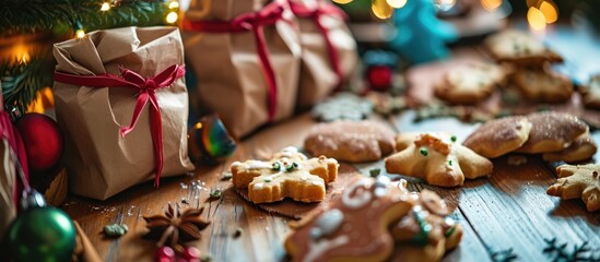 Colorful pastry bags are placed near Christmas cookies on a table.