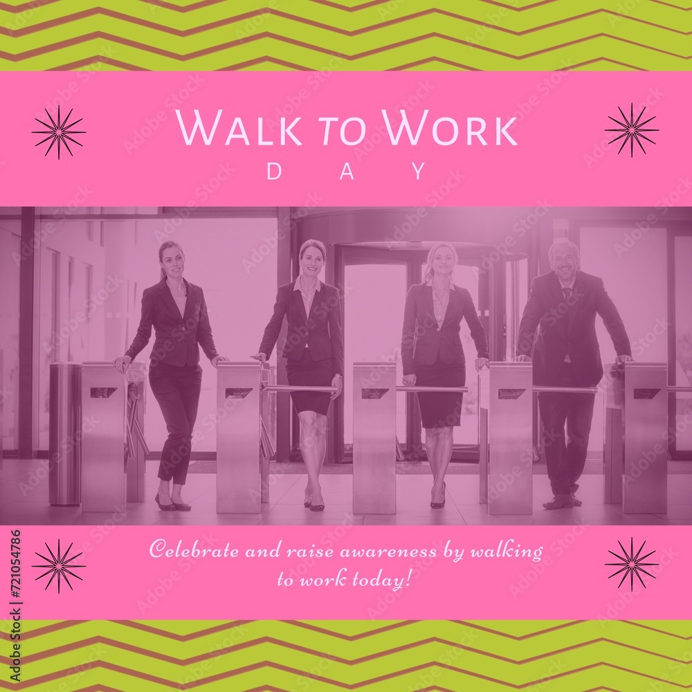 Canvas Prints Composition of walk to work day text over diverse business people at office on pink background