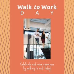 Composition of walk to work day text over diverse business people at office on orange background