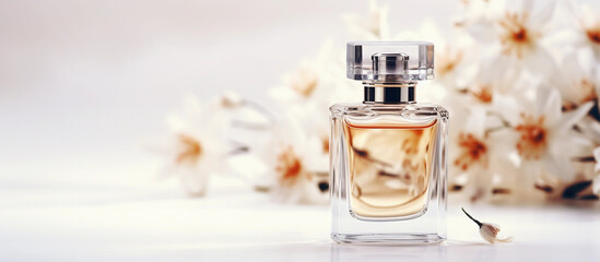 A bottle of perfume with white roses in the background. Elegant Perfume Bottle with White Roses