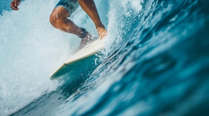 Close up of surfer on surfboard in ocean water. Surfer on surfboard