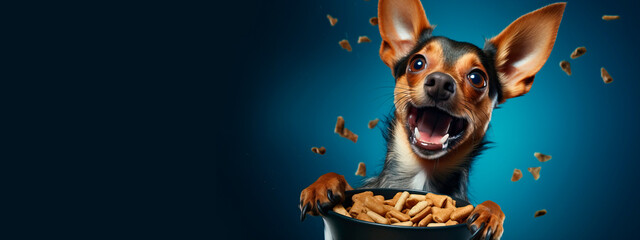 A happy Chihuahua puppy eats from a bowl on blue background. he smiles and looks at the camera,...