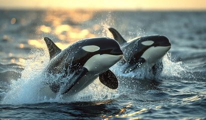 Two killer whales in the ocean. Generative AI - obrazy, fototapety, plakaty