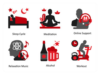 Fototapeta premium Six mix icons in red and black as sleep cycle, meditation, online support