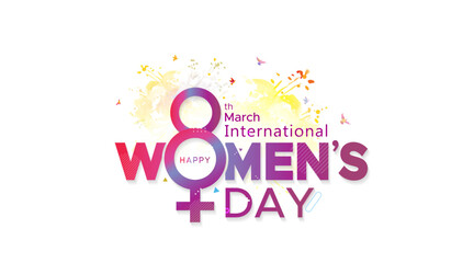 Women's day greeting postcard concept background. 8th march International women's day text with sign, symbol of women and Greeting card, poster, banner design.