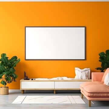 Innenraum Mockup / Wohnzimmer Mockup Vorlage / Wohnraum mit Sesse Sideboard und gro&szlig;em Bilderrahmen an einer orangen Wand / Ki-Ai generiert