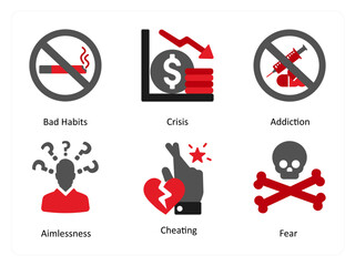 Six mix icons in red and black as bad habits, crisis, addiction - obrazy, fototapety, plakaty
