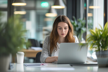 Fototapeta premium Focused Woman Working on Laptop in Office