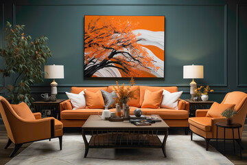 Indulge in the warmth of a living room with a soft color orange sofa and an accompanying table, set against an empty frame, ready for your creative expressions.