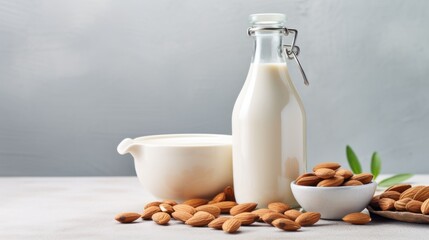 Fototapeta na wymiar Almond milk in a glass bottle and almonds on a light background Generative AI