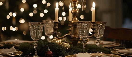 Fototapeta na wymiar Festive Christmas dining table with bronze candelabra, gilded wine glasses, and candlelight ambiance.