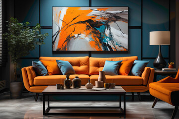 Infuse energy into your living room with an orange sofa and complementary table, framed by an empty canvas eager to showcase your individuality.