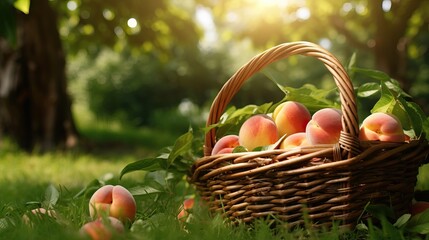 Closeup of Peaches in a Wicker Basket in a Garden AI Generated
