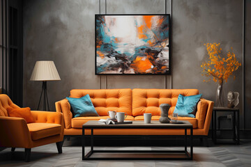 Infuse energy into your living room with an orange sofa and complementary table, framed by an empty canvas eager to showcase your individuality.