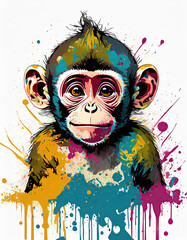 A graphic illustration of a colourful baby monkey on a white background