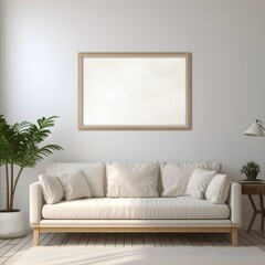 Wohnzimmer Mockup Vorlage / Innenraum mit heller Couch und großem Bilderrahmen / Design Mockup / Ai-Ki generiert - obrazy, fototapety, plakaty