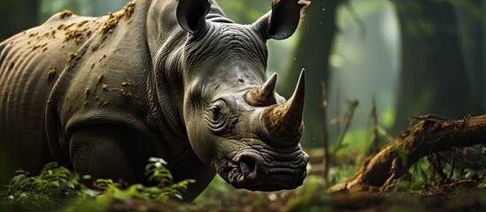portrait of rhino grazing peacefully in a forest park