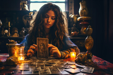 Young woman Seer fortune teller clairvoyant predicts the future with a cards on table. - obrazy, fototapety, plakaty