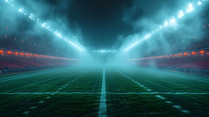 Dramatic empty football field at night, lit by stadium lights. spectacular sports arena with fog. modern athletic stage for games. AI