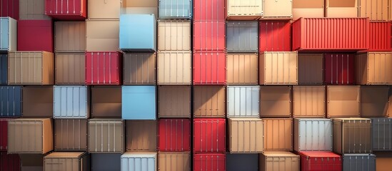 Obraz premium Stacked packaging boxes loaded onto cargo containers, cartons, cardboard boxes, warehouse supplies, shipping trucks, supply chain shipment freight truck logistics.