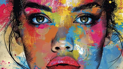 Wwoman artistic pop art effect photo portrait, young adult girl face, bright neon grange painted background, 8 march or women power and beauty concept, AI generated - obrazy, fototapety, plakaty