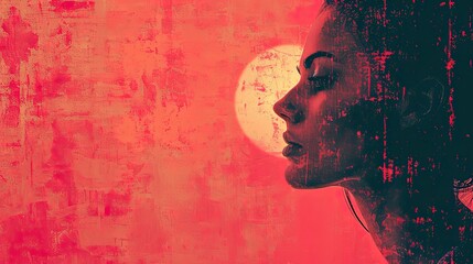 Young adult woman side view portrait on grunge red background, textured banner with copy space, 8 march or women power concept, AI generated