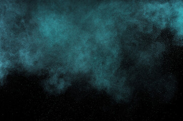 Green color smoke texture. Abstract dark backdrop. Blue light sky cloud on black .	
