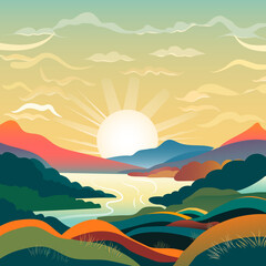 Vector landscape sunrise in a river valley in flat style