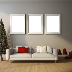 Wohnzimmer Mockup mit Weihnachtsbaum / Wohnung Mockup Vorlage / Wand mit 3 Bilderrahmen / Ai-Ki generiert