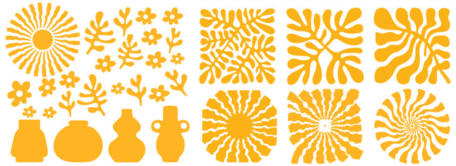 Matisse curves aesthetic. Groovy abstract flower art set. Organic floral doodle shapes in trendy naïve retro hippie style. Botanic vector illustration in Gold color.