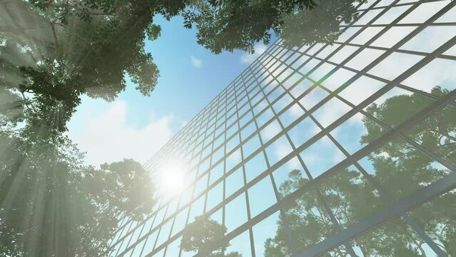 Looking up at the glass facade of the building of the Ministry of Business or Ecology with trees through which the sun's rays pass, 3D render
