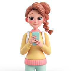 girl with a phone in her hands in 3d style. Isolated on the white background