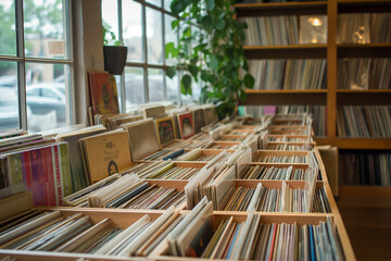 A record store with shelves filled with vinyl records of various genres