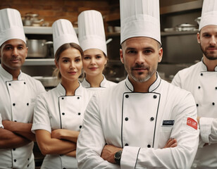 Portrait of chef standing with his team on background in commercial kitchen at restaurant
