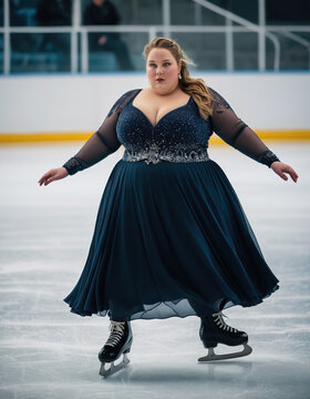 super morbidly obese woman with a really fat belly ice skating. in an ice rink.