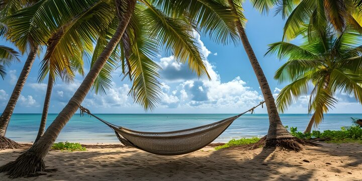 Tropical bliss with a hammock between palms, perfect for relaxation and vacation promotions. serene beach scene. AI