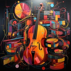 an abstract art illustrating the incorporation of musical instrument with creative usage of colors