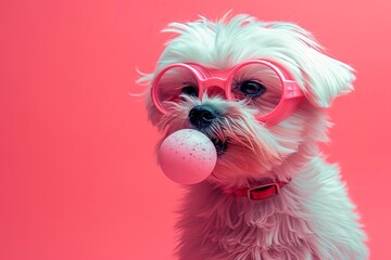 Maltese dog blowing bubble gum wearing glasses on pink background.  presentation. advertisement. birthday party invite. copy text space.