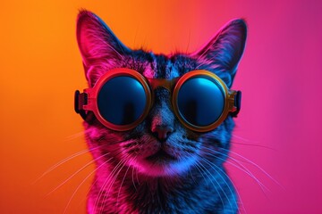 Cat wearing glasses neon on bright background.  presentation. advertisement. copy text space.