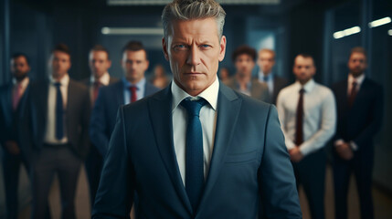 Fototapeta premium A handsome 50yo senior executive in a power suit confidently leading a diverse team 