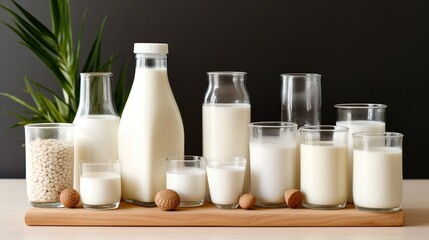 Vegetable types of vegetarian milk on a brown background, Alternative lactose-free milk substitute, vegan diet, almond milk