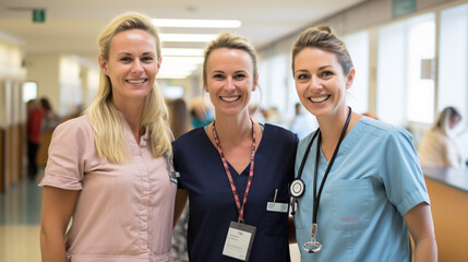 a full-length picture of a teacher, a pedagogue and a nurse standing next to each other at their educational institution and smiling at the camera - obrazy, fototapety, plakaty